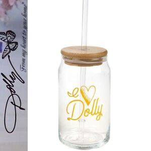 Dolly Parton,"I Love Dolly" Glass Tumbler with Bamboo Lid & Straw